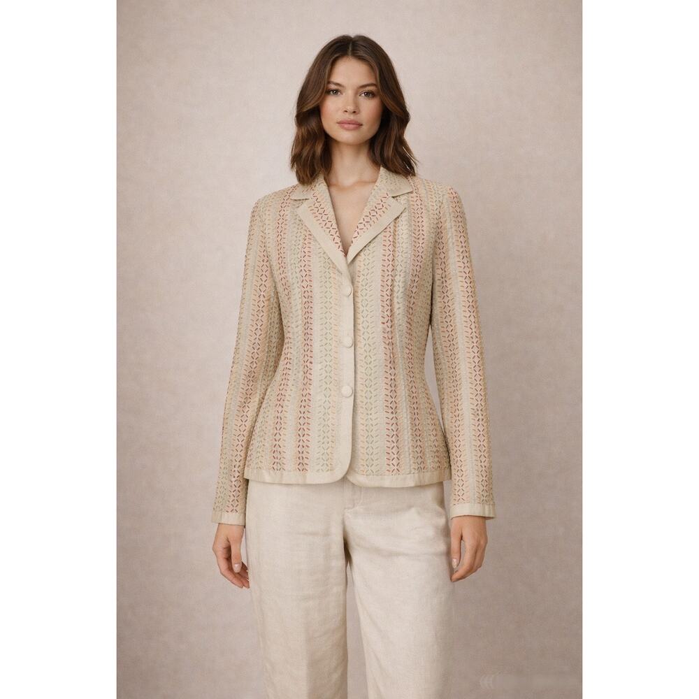 Chico's Silk Embroidered Jacket Blazer Size 1 Beige Open Front Floral